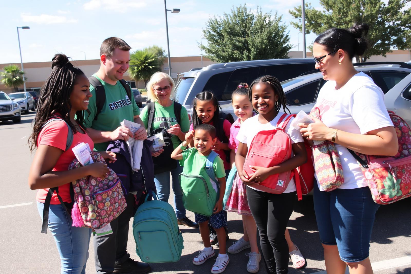 Volunteers handing out backpacks to children and families
