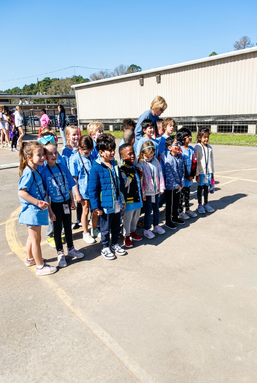 Group of young students lined up together outside on a sunny school day