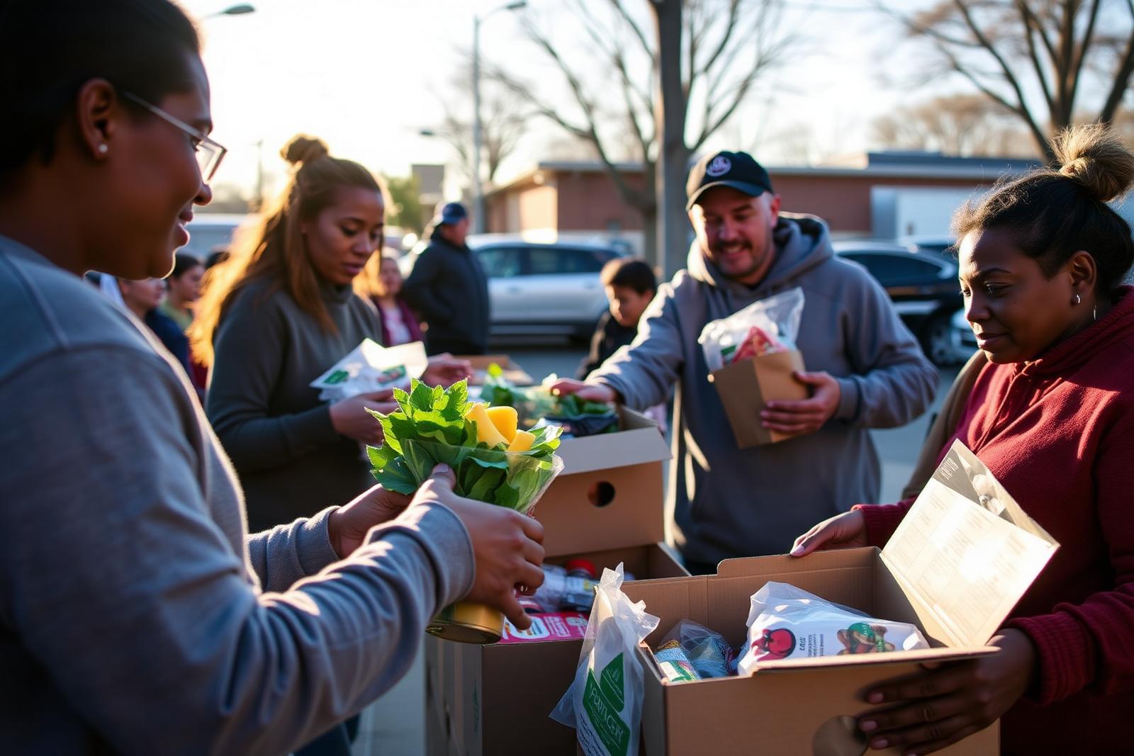Volunteers distributing food and supplies at a community drive
